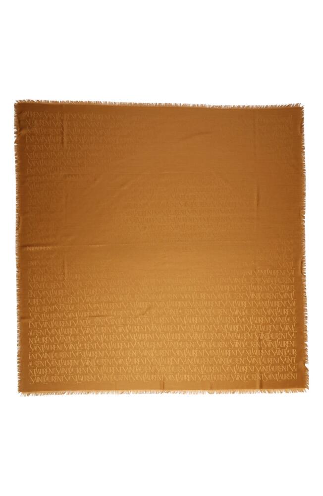 Saint Laurent Grand Allover Logo Silk & Wool Scarf in Golden Brown Cover