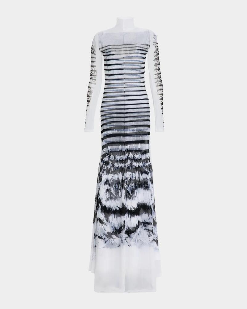 Jean Paul Gaultier Feather Mariniere-Printed Mesh Long-Sleeve Gown Cover