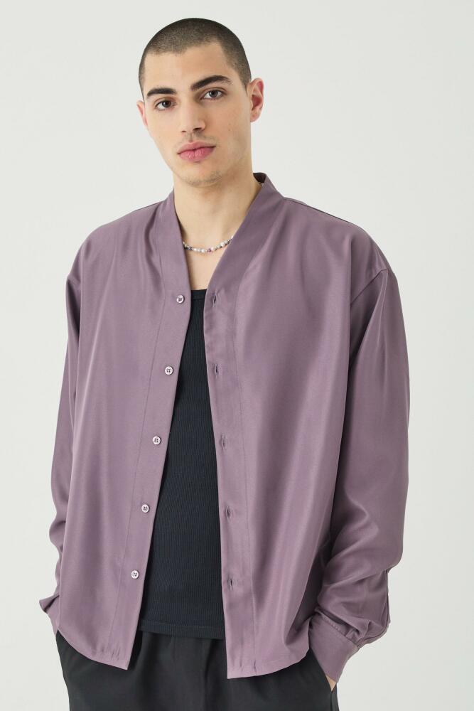 boohoo Mens Boxy Collarless Soft Twill Label Shirt - Purple Cover