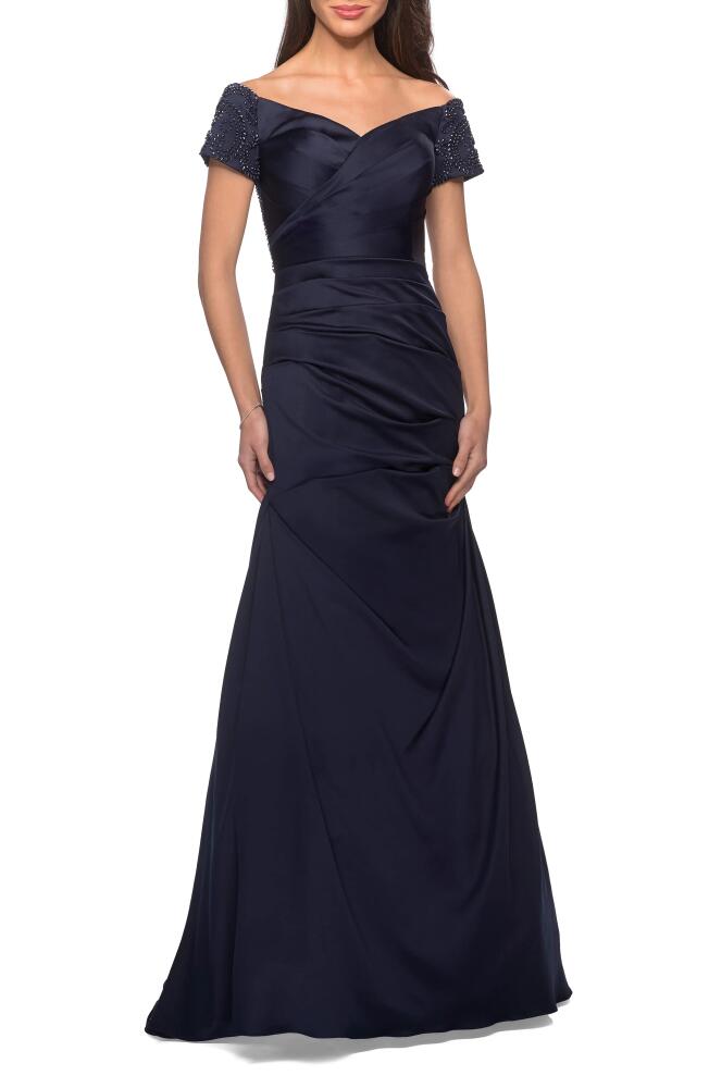 La Femme Off the Shoulder Beaded Satin Trumpet Gown in Navy Cover