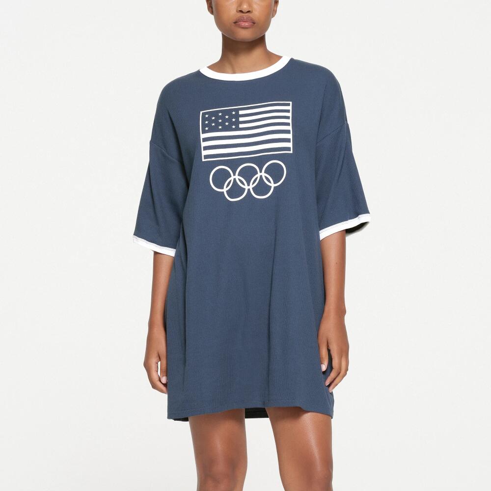 SKIMS Cotton Rib Olympic T-Shirt Mini Dress | Blue | Medium | SKIMS For Team Usa Cover