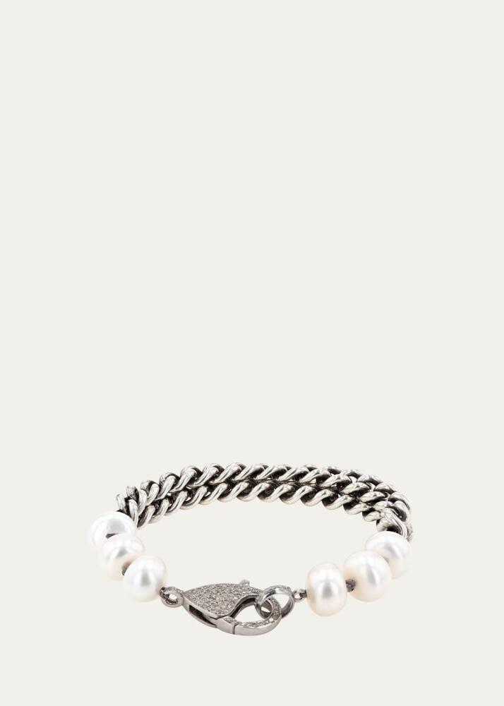 Sheryl Lowe Pearl and Double Chain Bracelet with Pave Diamond Clasp Cover