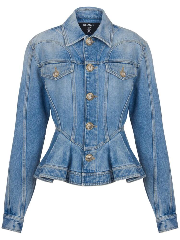 Balmain logo-buttons pleated denim blazer - Blue Cover