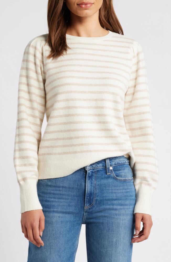 caslon(r) Puff Sleeve Cotton Blend Crewneck Sweater in Ivory- Tan Heather Stripe Cover