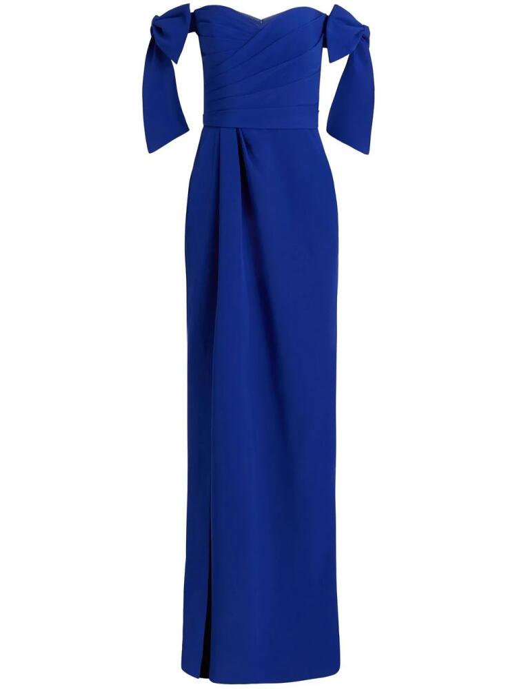 Marchesa Notte bow-detail off-shoulder gown - Blue Cover