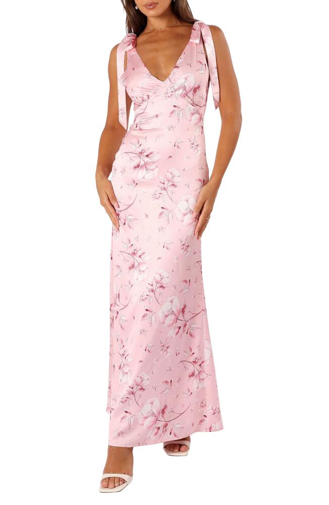 Petal & Pup Xavier Floral Bow Strap Satin Gown in Pink Floral Cover