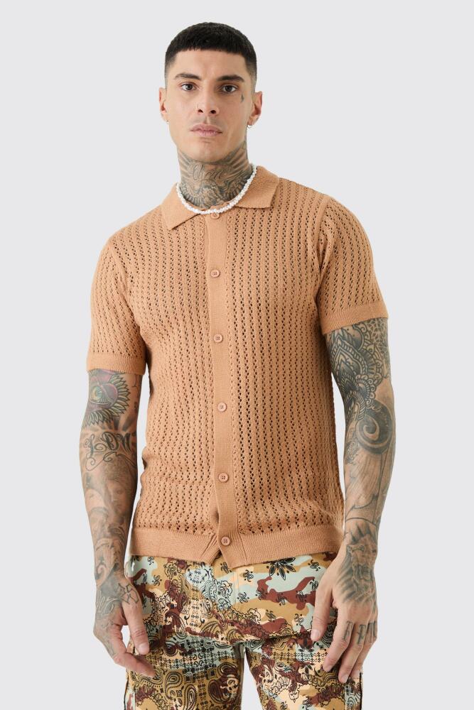 boohoo Mens Tall Open Stitch Short Sleeve Knitted Shirt In Taupe - Beige Cover