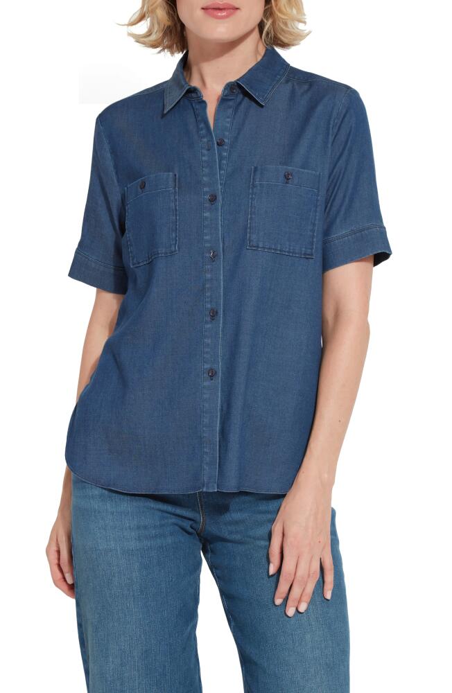 Lyssé Lola Short Sleeve Stretch Chambray Button-Up Shirt in Dark Midwash Cover