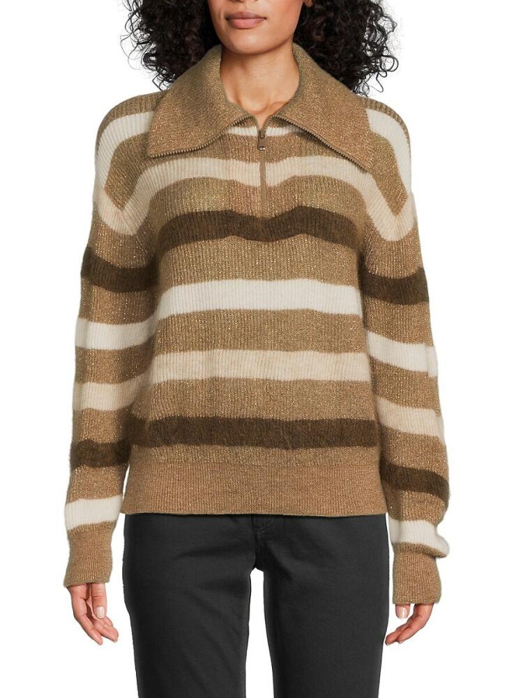 Brunello Cucinelli Women's Striped Mohair Blend Long Sleeve Sweater Polo - Camel Ivory Cover