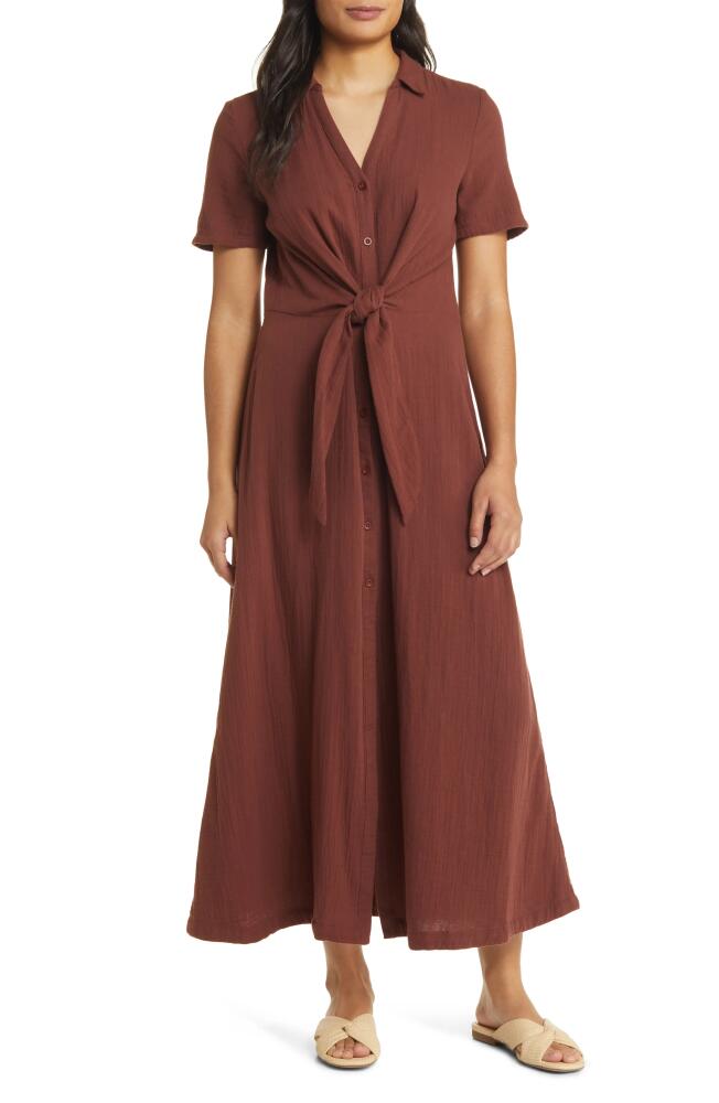 caslon(r) Vacation Tie Front Gauze Shirtdress in Brown Raisin Cover