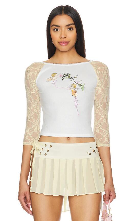 Zemeta Cupid Print Lace Sleeve Top in Ivory Cover