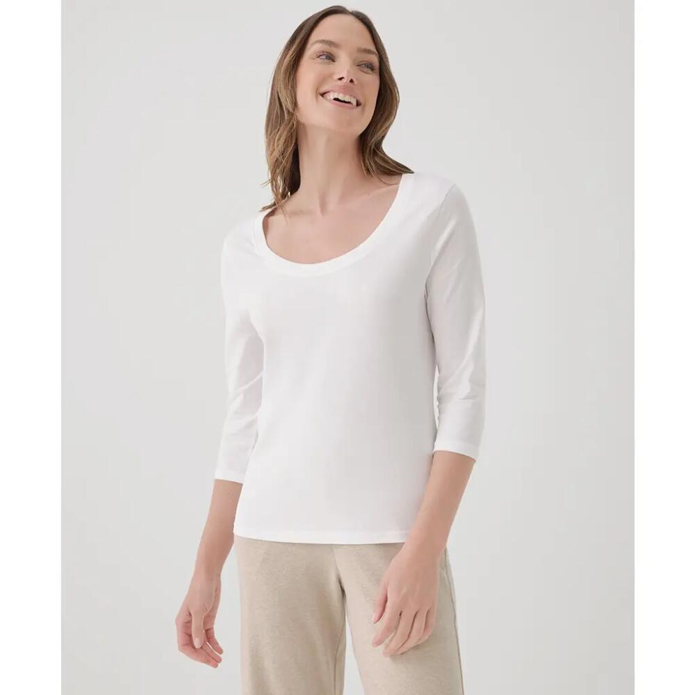 Pact Organic Cotton Softspun Scoop Neck 3/4 Sleeve Tee in White Cover