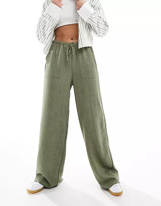 Vero Moda pull on wide leg pants with tie waist in khaki green Cover