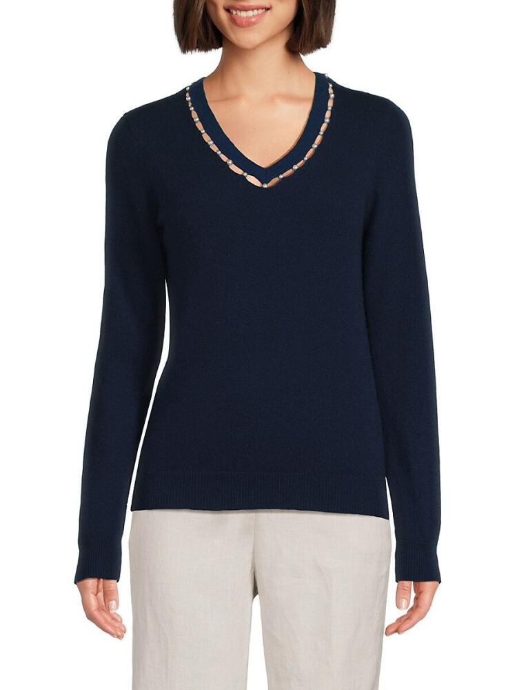 Sofia Cashmere Women's Faux Pearl Embellished Cashmere Sweater - Navy Cover