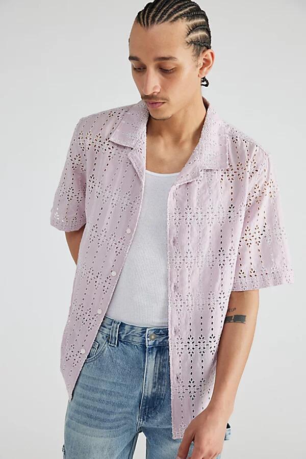 GUESS JEANS GUESS ORIGINALS Embroidered Eyelet Camp Collar Button-Down Shirt Top in Lilac Cover