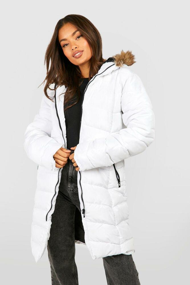 boohoo Womens Faux Fur Hooded Paneled Parka Coat - White Cover