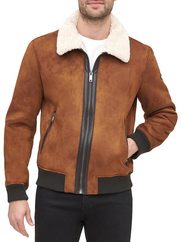 DKNY Men's Faux Shearling Bomber Jacket - Brown Cover