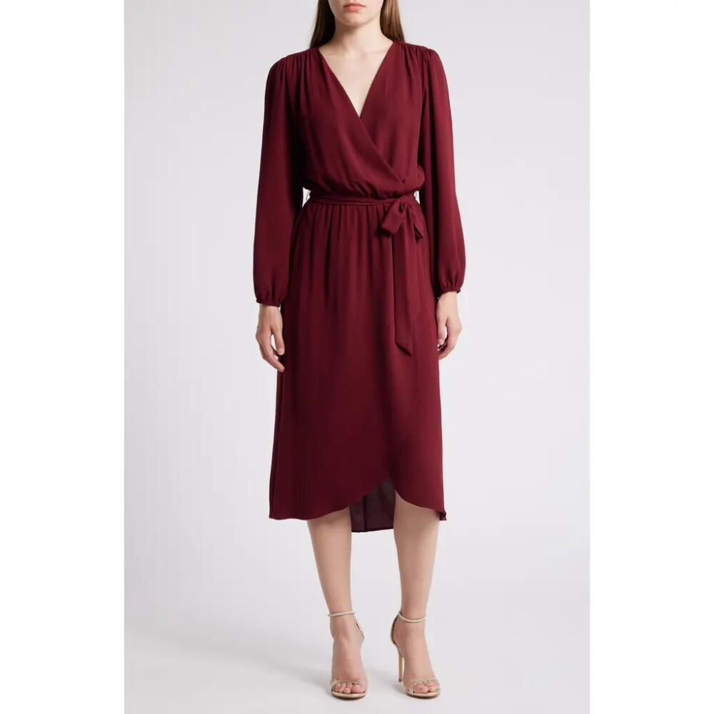 Connected Apparel Long Sleeve Faux Wrap Midi Dress in Wine Cover