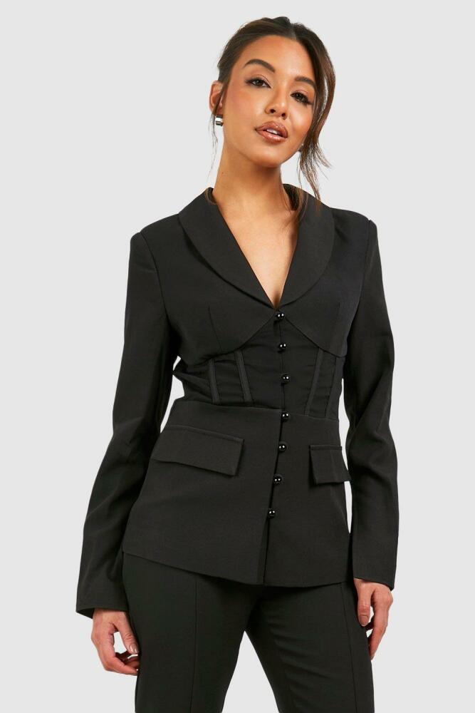 boohoo Womens Fitted Corset Waist Tailored Blazer - Black Cover