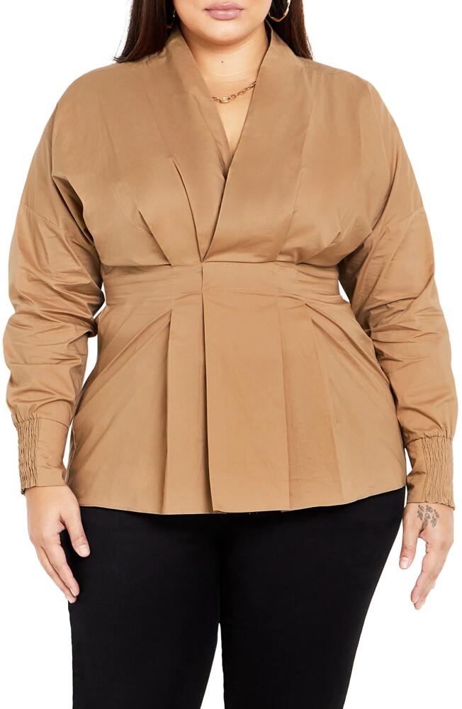 City Chic Sophisticated Pleated Peplum Shirt in Caramel Cover