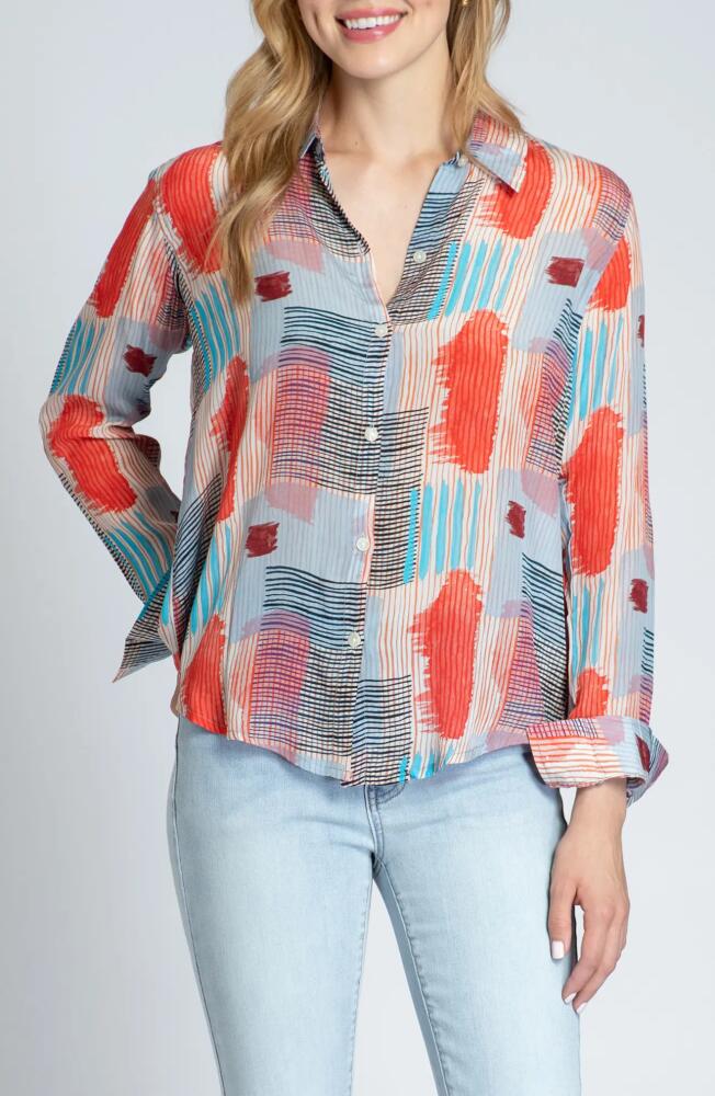 APNY Print Roll-Up Sleeve Chiffon Button-Up Shirt in Orange Multi Cover