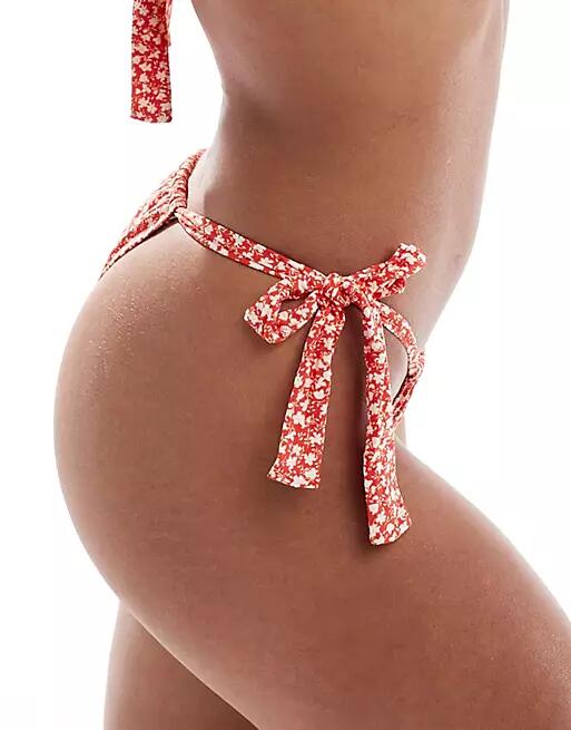 Mango floral print side tie bikini bottoms in red and white Cover