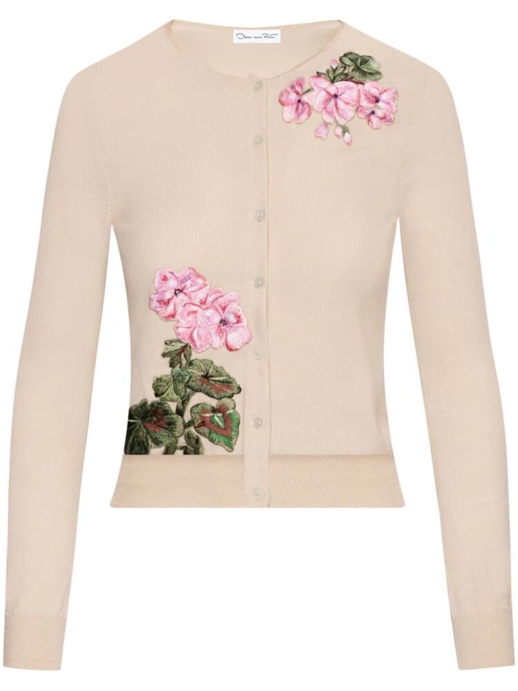 Oscar de la Renta geranium-print threadwork cardigan - Neutrals Cover