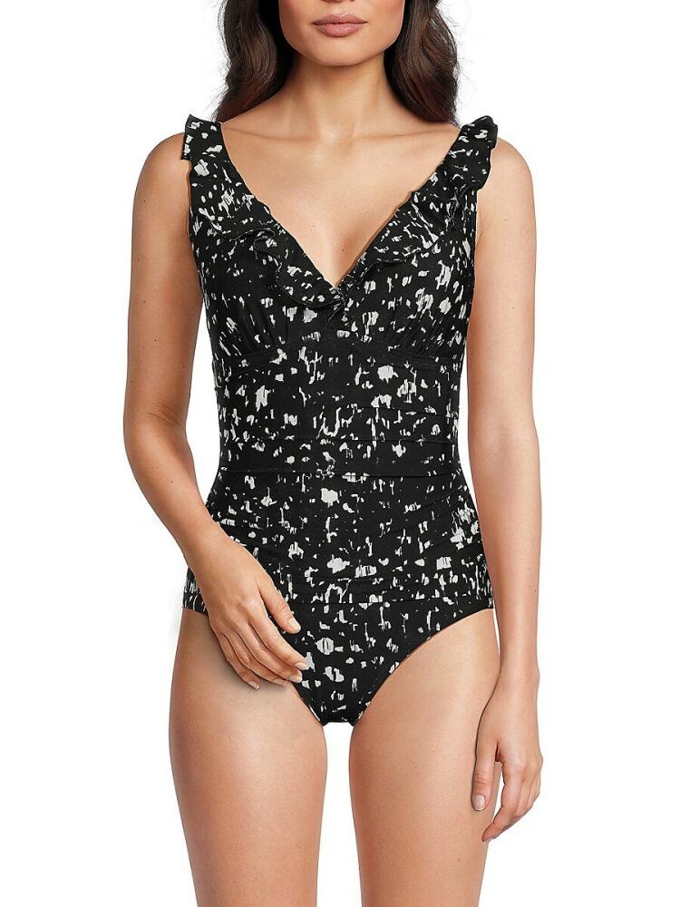 DKNY Women's Ruffled One Piece Swimsuit - Black Multi Cover