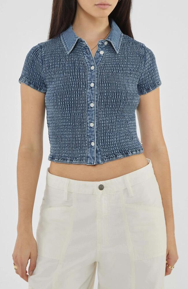 GUESS Smocked Short Sleeve Denim Button-Up Shirt in Go Smocked Medium Wash Cover