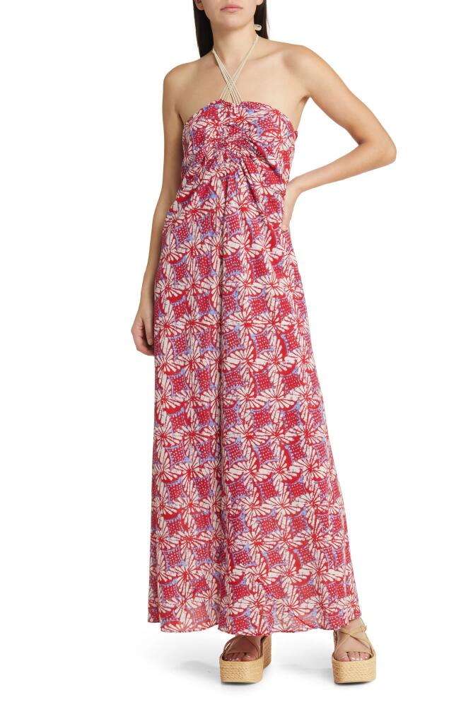 XÍRENA Maya Floral Halter Neck Cotton Maxi Dress in Ruby Petal Cover