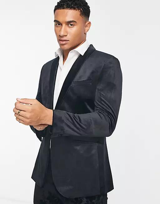 Topman skinny velvet blazer in black Cover