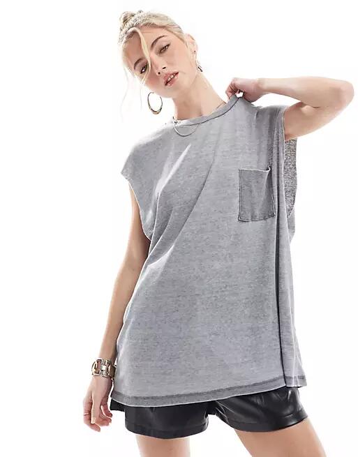 ASOS DESIGN sleeveless washed tank top in gray acid wash Cover