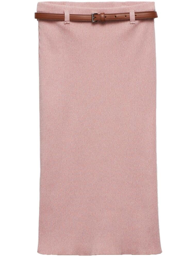 Prada belted ribbed cotton midi skirt - Pink Cover