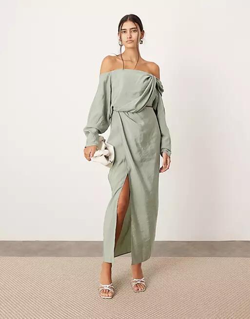 ASOS EDITION twist off-shoulder midi dress with cut-out detail in sage green Cover