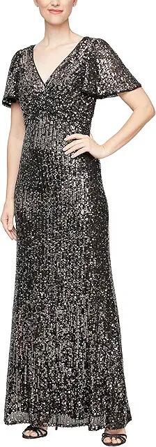 Alex Evenings Long Sequins Gown with Flutter Sleeves and Front Knot Detail (Black/Bronze) Women's Dress Cover