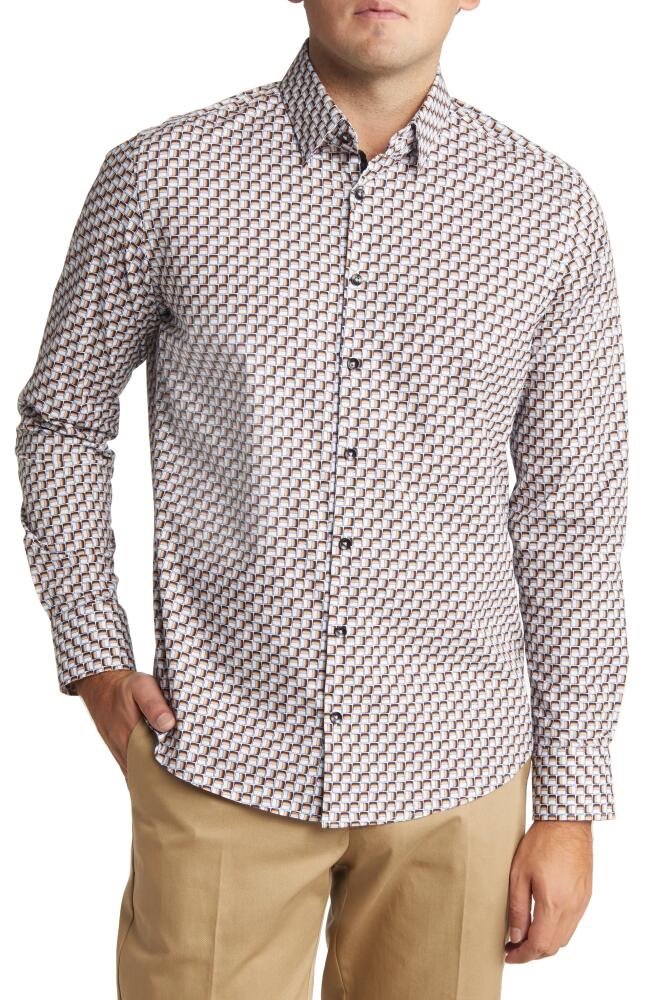 Stone Rose Men's Scotch Print Stretch Cotton Button-Up Shirt in White Cover