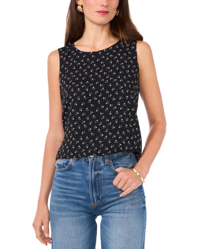 Vince Camuto Women's Floral Crewneck Keyhole-Back Tank Top - Rich Black Cover