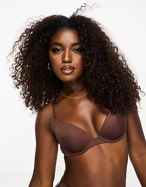 ASOS DESIGN microfiber molded push-up bra in brown Cover