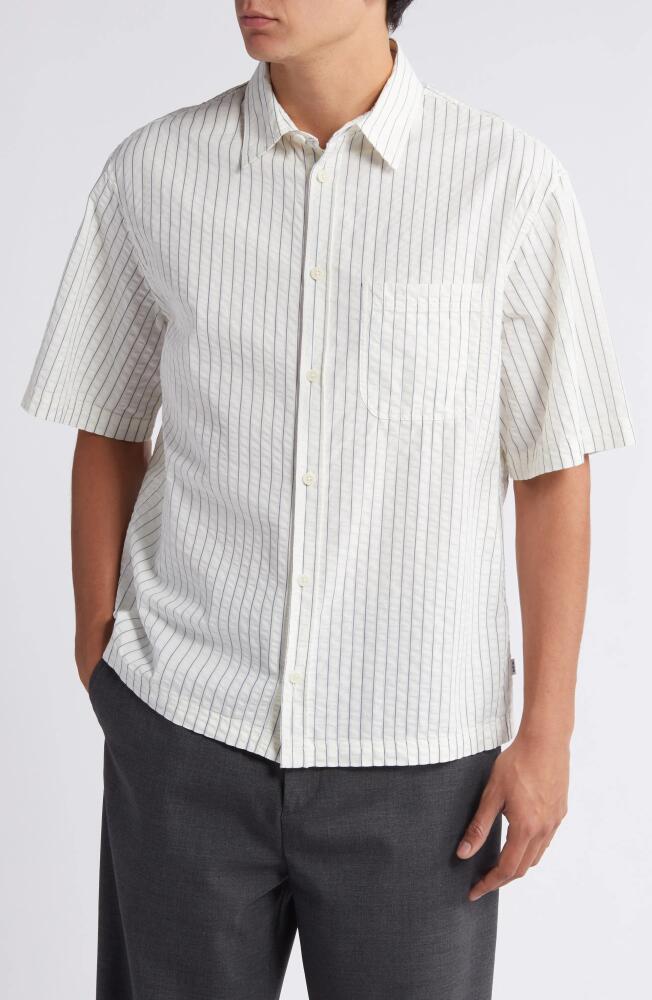 Wax London Kew Stripe Short Sleeve Seersucker Button-Up Shirt in White /Blue Cover