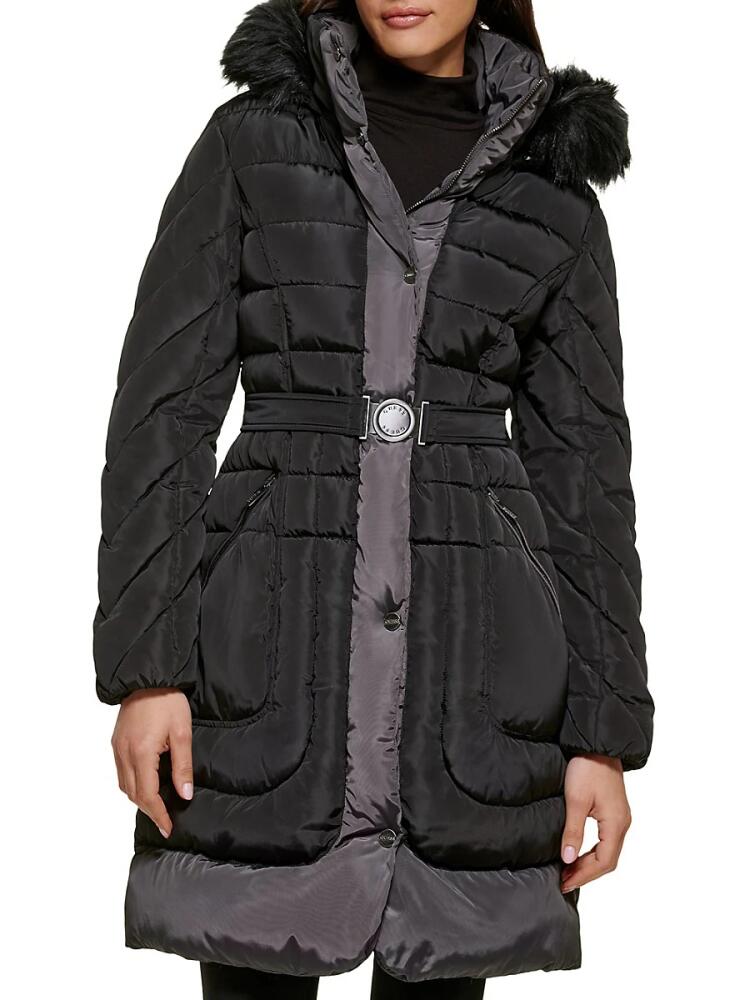 Guess Women's Faux Fur Trim Belted Puffer Coat - Black Cover