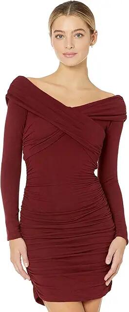 MONROW Supersoft Off Shoulder Shirred Dress (Rhubarb) Women's Clothing Cover