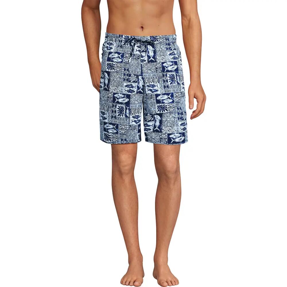 Lands' End 9" Volley Swim Trunks in Navy Fish Block Print Cover