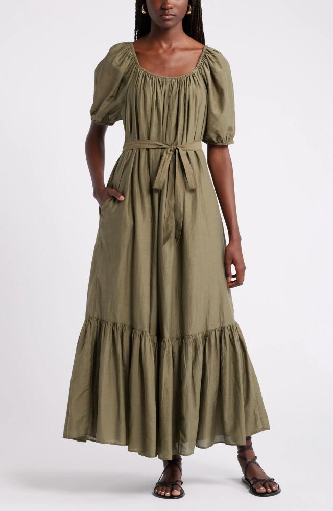 Nordstrom Tiered Blouson Sleeve Cotton & Silk Maxi Dress in Olive Burnt Cover