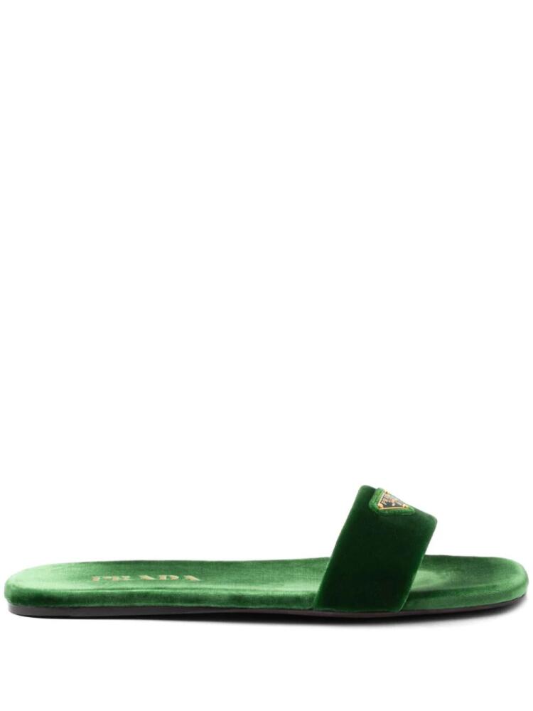 Prada triangle-logo velvet slides - Green Cover