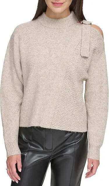 DKNY Long Sleeve Mix Stitch Cold-Shoulder Sweater (Pebble Heather) Women's Clothing Cover