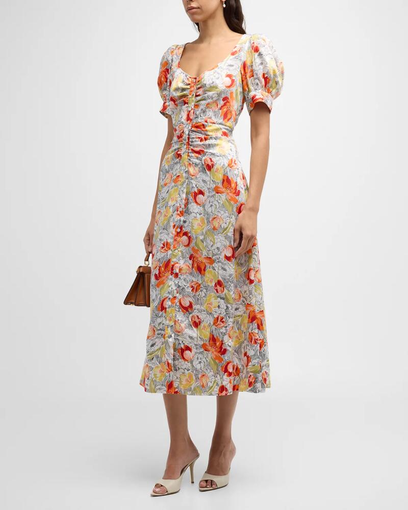 Cinq a Sept Ximena Draped Floral Puff-Sleeve V-Neck Midi Dress Cover