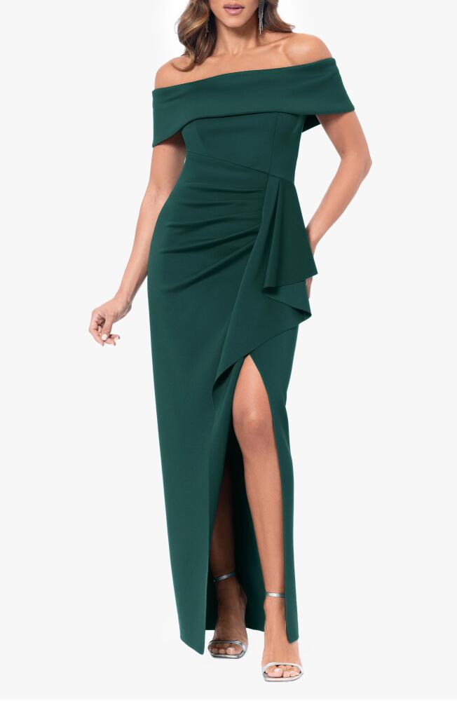 Xscape Evenings Side Ruffle Off the Shoulder Scuba Gown in Hunter Cover