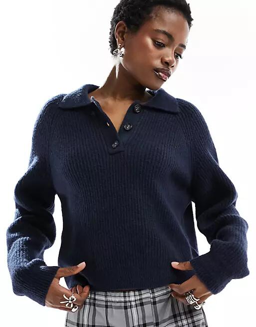 Monki knit polo collar sweater in navy Cover