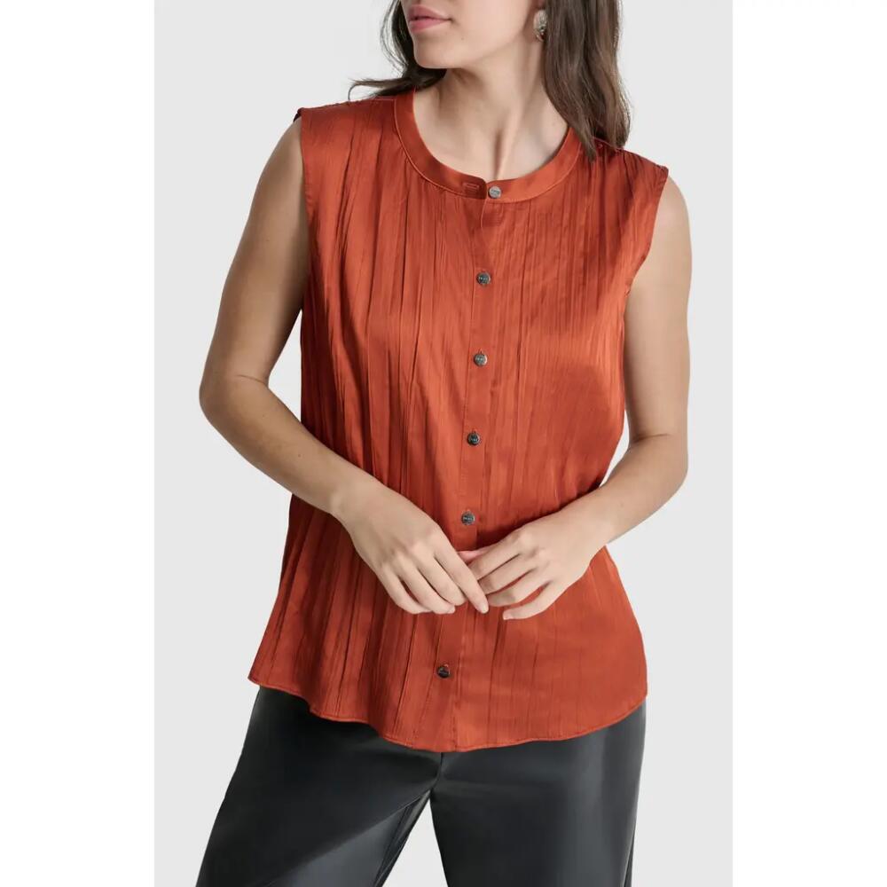 DKNY Pleated Sleeveless Button-Up Shirt in Russet Cover