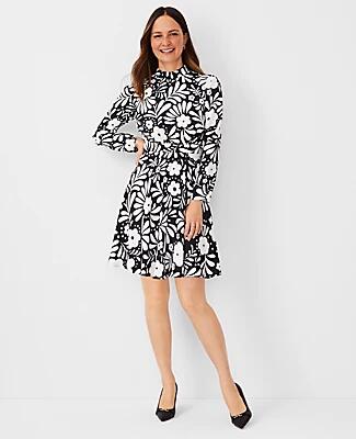 Ann Taylor Petite Floral Mock Neck Flare Dress Cover